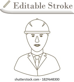 Icon Of Construction Worker Head In Helmet. Editable Stroke Simple Design. Vector Illustration.