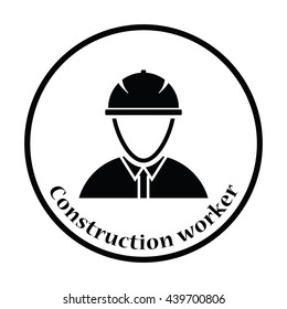 Icon of construction worker head in helmet. Thin circle design. Vector illustration.