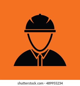 Icon of construction worker head in helmet. Orange background with black. Vector illustration.