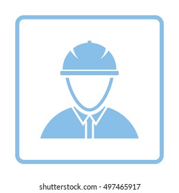 Icon of construction worker head in helmet. Blue frame design. Vector illustration.