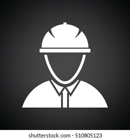 Icon of construction worker head in helmet. Black background with white. Vector illustration.