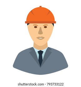 Icon of construction worker head in helmet. Flat color design. Vector illustration.