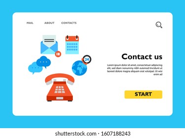 Icon of contact us concept. E-mail, calendar, phone, dialogue cloud, globe. Contact center concept. Can be used for topics like round-the-clock access, call center, communication