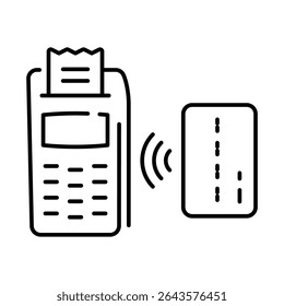 Icon of contactless payment process using card reader and contactless payment card. This illustration represents modern payment methods often used in shops.