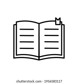 The icon contains a notebook, a textbook. A student's notebook with a bookmark. Linear style, logo, isolated on a white background. Vector graphics. Symbol, sign, logo.