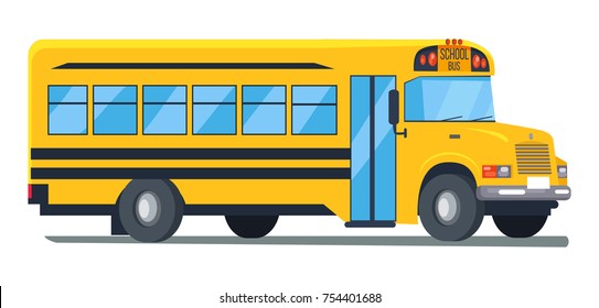 Icon of conventional-style yellow school bus used for student transport isolated vector illustration on white background. View from left cartoon illustration