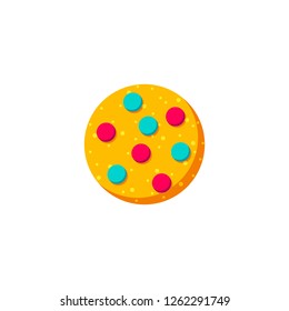 Icon of a cookie decorated with candy, vector drawing of Christmas holiday pastry, isolated. Sweet sugary baked food illustration in yellow, red and green colors. Traditional celebratory dessert