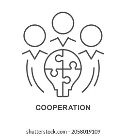 Icono: cooperación. Cooperación en la gestión de proyectos. En el centro de un grupo de personas hay una bombilla de luz en forma de rompecabezas. Las delgadas líneas de contorno.