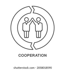 Icono: cooperación. Dos socios con las manos arriba son un acuerdo para cooperar. En las flechas se indican las actividades conjuntas. Las delgadas líneas de contorno.