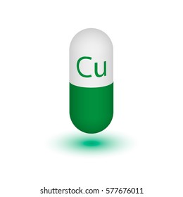 Icon copper green mineral. Vector 3D pill capsules Kuprum mineral and vitamin complex. A healthy lifestyle medical and food additive. Design element. Vector image.