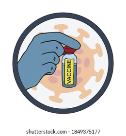 Icon of  Coronavirus  COVID-19 vaccine discovery, drug or medicine to heal COVID-19 disease concept. Scientist's hand keep the vaccine ampoule. Doodle. Vector illustration.  