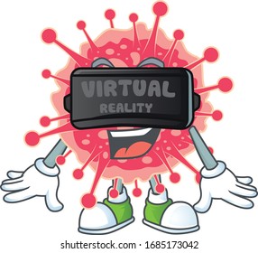 Un icono del personaje de emergencia del coronavirus usando auriculares de realidad virtual