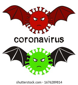 Icon of a coronavirus in the form of a bat. Evil red and green poisonous virus. No Infection and Stop Coronavirus Concepts. Isolated Vector Icon