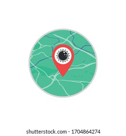 Das Symbol.Coronavirus. Pin auf der Karte