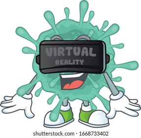 Un icono del personaje de coronavirus usando auriculares de realidad virtual