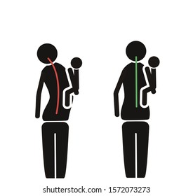 icon. correct and incorrect posture when carrying a child. EPS 10 vector illustration.