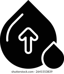 The icon corresponds to an increase in the level, volume, or upward movement of high blood pressure or a high red blood cell count