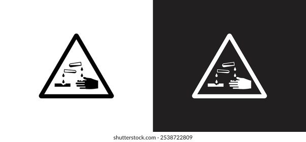 Ícone de substâncias corrosivas, Ícone de vetor de sinais de materiais perigosos. Placa isolada de Hazmat. Ícone de rótulo da ilustração vetorial de sinal de perigo em plano de fundo preto e branco. Ícone de sinal de perigo.