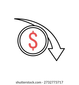 Ícone uma moeda de redução de custo com seta para baixo, isolado contra um fundo limpo.