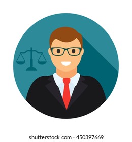 Icon counsel face in cartoon style with long shadow and justice weights. flat vector illustration