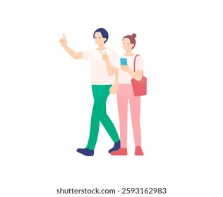 Icon of a couple on a trip checking a map on their phone. Stylish and cute vector design.