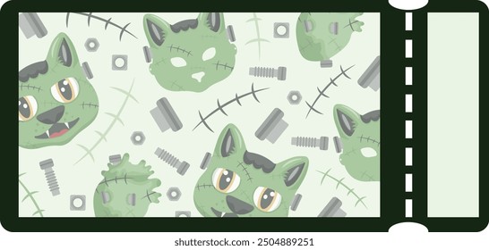 icon coupon for Halloween with a cat in a Frankenstein mask, bolts, scars, a monster heart with bolts and a Frankenstein mask, vector