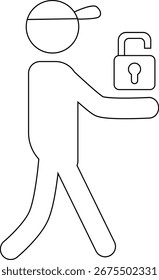 icon of a courier carrying an open padlock on a white background.with black lines