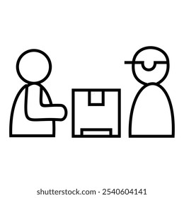 Icon of A Courier Handing Off a Package to a Customer with cardboard in the middle. Vector design symbol illustration.