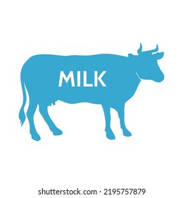 Icon cow with milk. For dairy products, milk packaging, shops, signs. Blue silhouette of a cow.