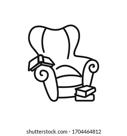 Icon of a cozy chair with books. Outline Armchair isolated on white background. Line sign rest, work at home, comfort, education, stay home, interior. A cute piece of furniture. Vector illustration