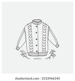 Icon of cozy hand made knitted sweater. Fashionable handmade topwear. Vector hand drawn flat cartoon illustration.