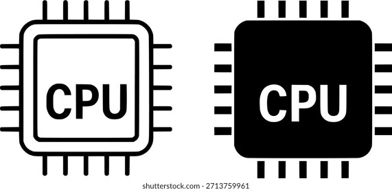 Icon, cpu illustration, black and white, outline and silhouette versions
