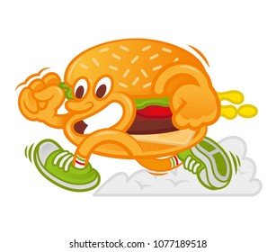 icon crazy street food cartoon character American classic fat burger which fast run. Dressed up in cap and fashionable sneakers Made in different styles mascot logo for kids or print flat design.