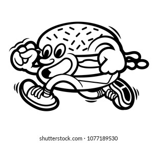 icon crazy street food cartoon character line American classic fat burger which fast run. Dressed up in cap and fashionable sneakers Made in different styles mascot logo for kids or print flat design.