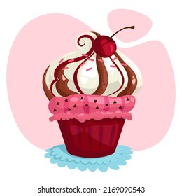 Сupcake icon. Creamy chocolate cake with cherries and sprinkles. Creme brulee, dark chocolate, cherry jam taste. Vector logo banner design illustration.