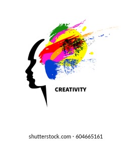Icon creative. Logo art studio. Female head by spattered paint. Vector illustration