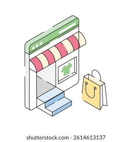 An icon creatively designed in isometric style showing online clothing store