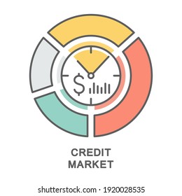 Icon – Credit market. Market chart with clock is loans and borrowings on terms of urgency. The thin contour lines with color fills.