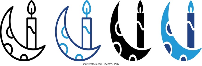El icono de una luna creciente y una vela encendida muestra el concepto de calma, paciencia y felicidad en la bienvenida a Eid al-Fitr.