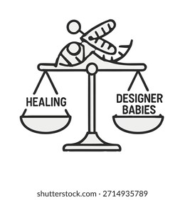 Icono "CRISPR Gene Editing Ethics" - tijeras de ADN (CRISPR) en una escala que equilibra entre "curación" y "bebé de diseño".