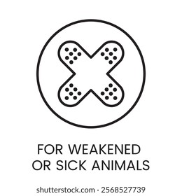 An icon of a cross with bandages in a circle in vector, symbolizing care for weakened or sick animals, with an editable stroke.