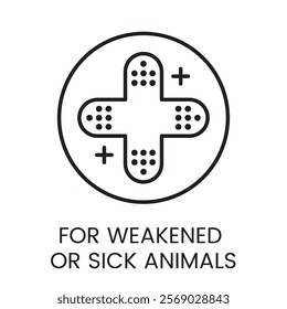 An icon of a cross with bandages in a circle in vector, symbolizing care for weakened or sick animals, with an editable stroke.