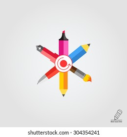 Icon of crossed ink pen, ball pen, pencil, paint brush, highlighter with dot and arrow circle in center