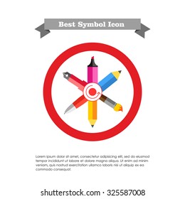 Icon of crossed ink pen, ball pen, pencil, paint brush, highlighter with dot and arrow circle in center