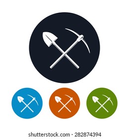 Icon of Crossed Shovel and Pickaxe , Four Types of Colorful Round Icons Tools for Excavation, Vector Illustration