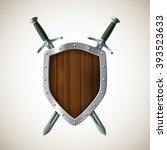Icon Crossed swords and shield. Heraldic sign. Coat of arms. Realistic image. Stock vector illustration.