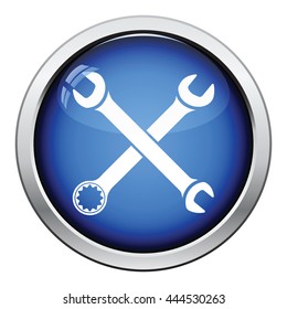 Icon of crossed wrench. Glossy button design. Vector illustration.
