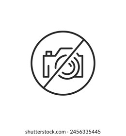 Icon with a crossed-out camera, indicating a prohibition of photography for privacy, security, or copyright reasons. Suitable for places where photography is not permitted. Vector illustration.