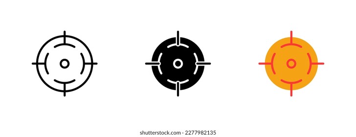 An icon of a crosshair or targeting reticle used to aim at a target in shooting or hunting games. Vector set of icons in line, black and colorful styles isolated.