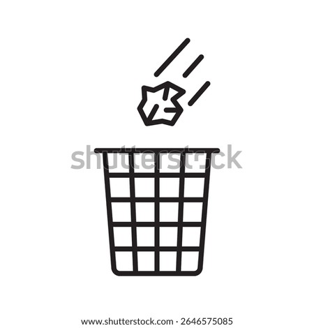 Icon of a crumpled paper being thrown into a trash bin representing waste disposal. Vector illustration.